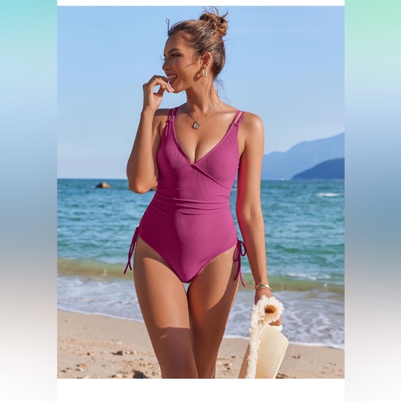 Al'MAGE Women's One Piece Swimsuit Tummy Control Swimsuits V Neck Ribbed Bathing - Picture 3 of 11